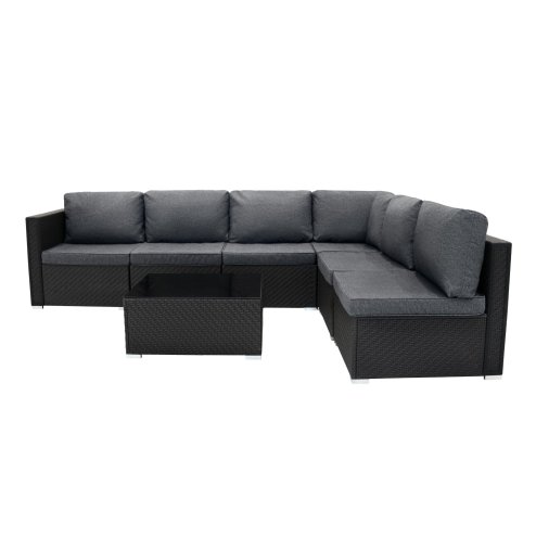 Rattan Garden Corner Furniture Set Outdoor Premium 7 PC Black 5 Seater Modular Sofa Chairs With Cushions Glass Top Coffee Table UV Protected Metal and Outsunny 3 x 2m Metal Outdoor Pergola with Retractable Roof, Outdoor Gazebo Canopy Shelter with Drainage