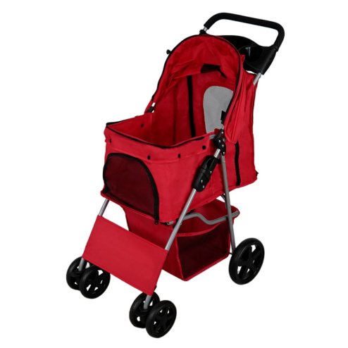 Pet Stroller Pushchair Red Carrier Foldable Trolley Travel Cart 15kg Capacity 4 Wheels Brakes Cat Dog Safety Snap Hook Leash Cushion Canopy Mesh Windows Basket Cup Holders FREE Waterproof Rain Cover