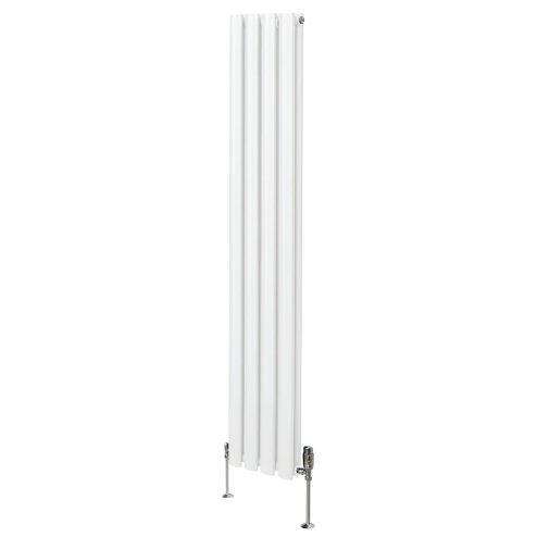 Oval Column Radiator 1600mm x 240mm & TRV Chrome Valves Modern Designer Double Panel Central Heating Heater White Steel Vertical Kitchen Living Room FREE Cleaning Brush Fixing Kit & Brackets