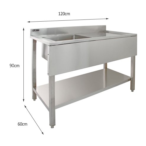 Catering Sink Stainless Steel Commercial Kitchen Restaurant Bar Utility Single Bowl Left Hand Drainer Free Standing Lower Storage Shelf Adjustable Feet Splashback 90 x 120 x 60cm FREE Strainer Plug