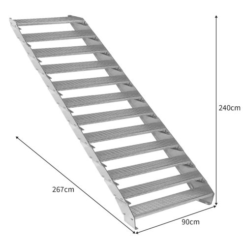 Metal Staircase 12 Section Adjustable Height 90cm / 900mm Wide Galvanised Steel Silver 12 Steps Weatherproof Grate Step Outdoor Garden Patio Modular Stairs 5mm Rod Thickness FREE Fixing Kit
