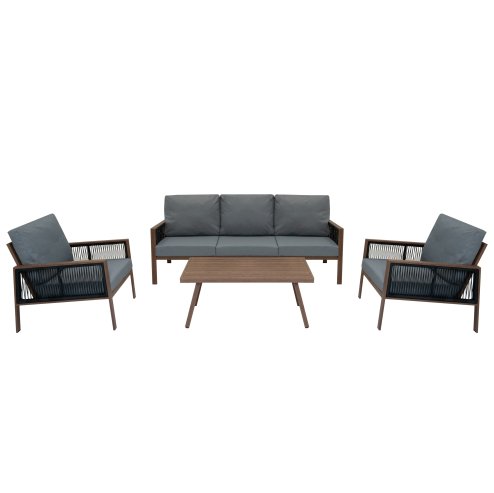 Aluminium 4 Piece Sofa Set with Black Rattan Storage Box - Wood Effect