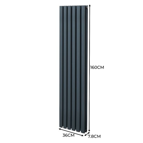 Oval Column Radiator 1600mm x 360mm & TRV Chrome Valves Modern Designer Double Panel Central Heating Heater Anthracite Grey Steel Vertical Kitchen Living Room FREE Cleaning Brush Fixing Kit & Brackets