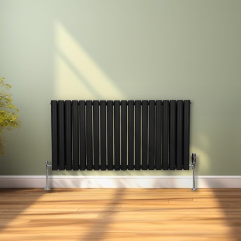 Oval Column Radiator 600mm x 1200mm Modern Designer Double Panel Central Heating Heater Matt Black Carbon Steel Horizontal Kitchen Living Room Bathroom FREE Cleaning Brush Fixing Kit & Brackets