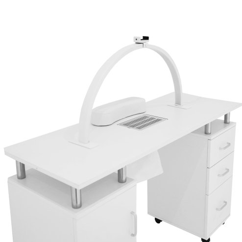 Professional Manicure Table & LED Half Moon Lamp 29.5In Nail Beauty Salon Dust Collector Removable Cushion Wheels Pull Out Drawers 1 Cupboard 2 Shelves 3 Colour Dimmable Temperature Light Phone Holder