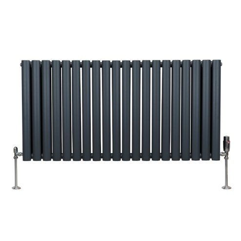 Oval Column Radiator 600mm x 1200mm & TRV Chrome Valves Designer Double Panel Central Heating Heater Anthracite Grey Steel Horizontal Kitchen Living Room FREE Cleaning Brush Fixing Kit & Brackets