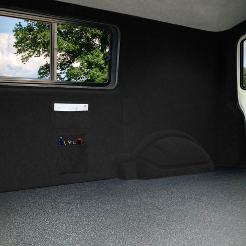 Camper Van Lining 2 Storage Pouches & 5 Cans Adhesive Glue Black Carpet 4 Way Stretch 2m Wide 11m2 Coverage Car Motorhome Vehicle Interior Campervan Conversion 2 Size Tool Document Pocket Organiser