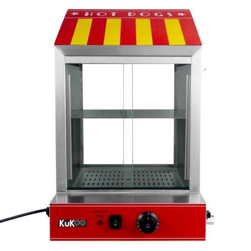 Hot Dog Steamer Cooker Electric Warmer Stainless Steel Machine Commercial Sliding Glass Doors Removable Solid Shelf 2 Grated Trays Adjustable Thermostat 30C - 110C 2000W FREE Tongs 3 Sauce Bottles