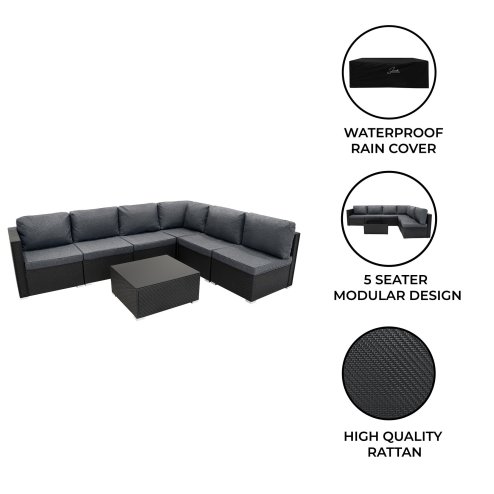 Rattan Garden Corner Furniture Set Outdoor Premium 7 PC Black 5 Seater Modular Sofa Chairs With Cushions Glass Top Coffee Table UV Protected Metal and Outsunny 3 x 2m Metal Outdoor Pergola with Retractable Roof, Outdoor Gazebo Canopy Shelter with Drainage