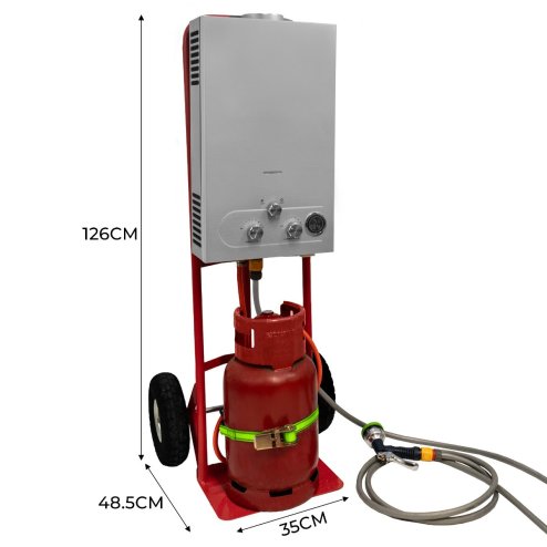 Portable Horse Shower With Steel Trolley 18L Tankless Instant Hot Water Gas Boiler LPG Heater 0-75C 10m Water Hose & 9-Pattern Spray Gun Camping Outdoor