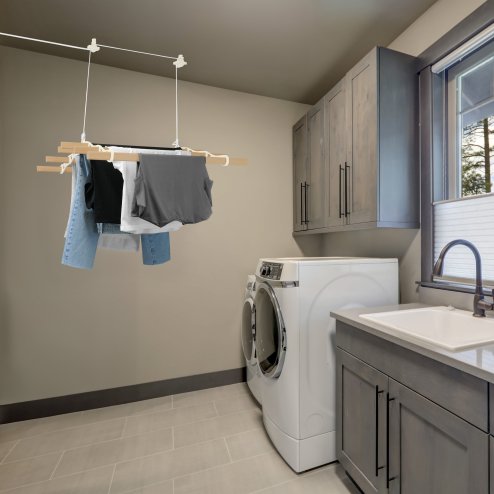 Clothes Airer Ceiling Pulley 6 Lath 1.2m Ivory Maid Traditional Mounted Clothing Dryer Victorian Clothes Horse Laundry Drying Rack Extendable Cast Iron Varnished Pine Kitchen Utility FREE Fixing Kit