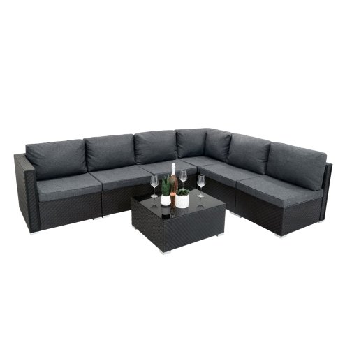 Rattan Garden Corner Furniture Set Outdoor Premium 7 PC Black 5 Seater Modular Sofa Chairs With Cushions Glass Top Coffee Table UV Protected Metal and Outsunny 3 x 2m Metal Outdoor Pergola with Retractable Roof, Outdoor Gazebo Canopy Shelter with Drainage