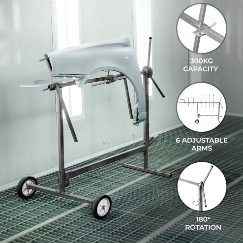 Rotating Paint Panel Stand Large Panelstand Rack Body Shop Car Repair Garage Mobile Wheels 180 Degree Rotation 300kg Load Capacity 6 Arms 4 x Hooks & 2 x Extra Long Bars Stable Sturdy Steel Silver