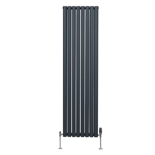 Oval Column Radiator 1800mm x 480mm & TRV Chrome Valves Modern Designer Double Panel Central Heating Heater Anthracite Grey Steel Vertical Kitchen Living Room FREE Cleaning Brush Fixing Kit & Brackets