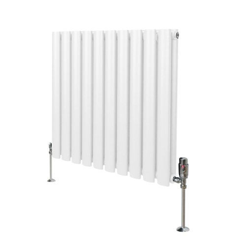 Oval Column Radiator 600mm x 600mm & TRV Chrome Valves Modern Designer Double Panel Central Heating Heater White Steel Horizontal Kitchen Living Room Bathroom FREE Cleaning Brush Fixing Kit & Brackets