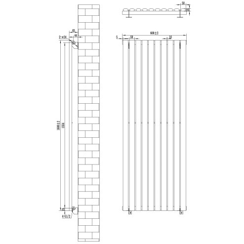 Oval Single Column Radiator - 1600 x 600mm - Black
