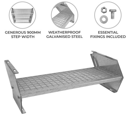 Metal Staircase Additional 1 Step Adjustable Height 90cm / 900mm Wide Galvanised Steel Silver Steps Weatherproof Grate Outdoor Garden Patio Modular Stairs 5mm Rod Thickness FREE Fixing Kit