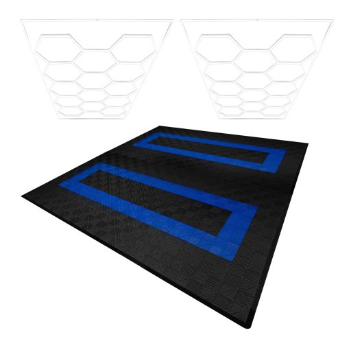 Vented Modular Interlocking Flooring Tiles 165 Black & 60 Blue With Edges & Hexagon LED Lighting 28 White Lights & Border 6500K 3 Mount Options & Suspended Ceiling Kit Single Garage Floor Mat 6m x 6m