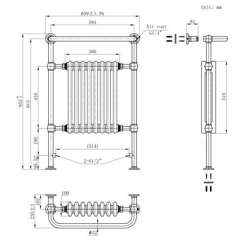 Traditional Heated Towel Rail Radiator - 950mm x 660mm - White