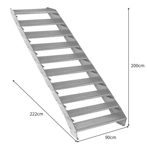 Metal Staircase 10 Section Adjustable Height 90cm / 900mm Wide Galvanised Steel Silver 10 Steps Weatherproof Grate Step Outdoor Garden Patio Modular Stairs 5mm Rod Thickness FREE Fixing Kit