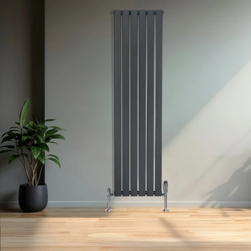 Flat Single Column Radiator & Valves - 1600mm x 420mm - Anthracite Grey
