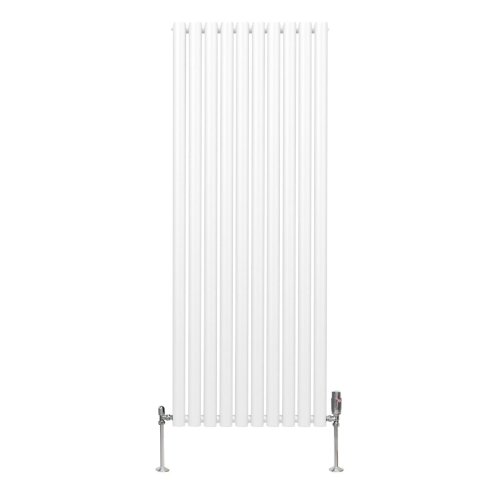 Oval Column Radiator 1600mm x 600mm & TRV Chrome Valves Modern Designer Double Panel Central Heating Heater White Steel Vertical Kitchen Living Room FREE Cleaning Brush Fixing Kit & Brackets
