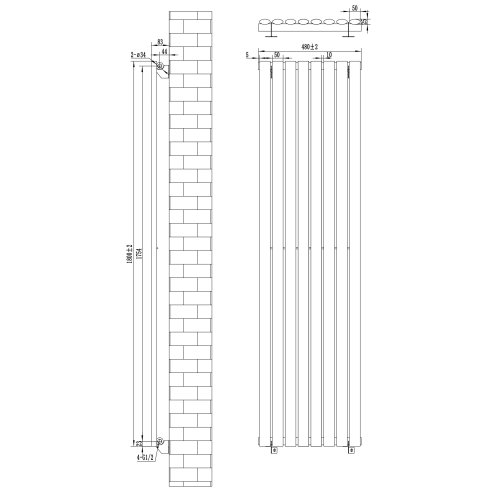 Oval Single Column Radiator & Valves - 1800mm x 480mm - Anthracite Grey