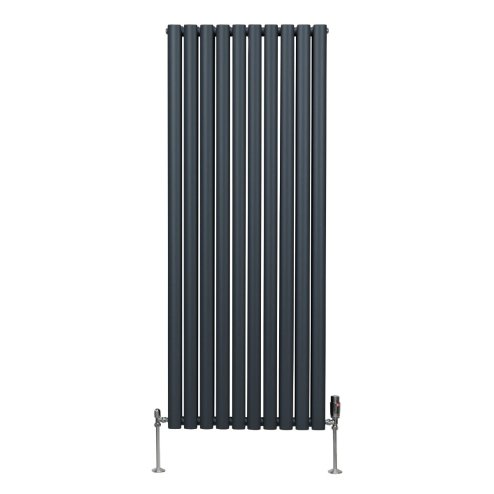 Oval Column Radiator 1600mm x 600mm & TRV Chrome Valves Modern Designer Double Panel Central Heating Heater Anthracite Grey Steel Vertical Kitchen Living Room FREE Cleaning Brush Fixing Kit & Brackets