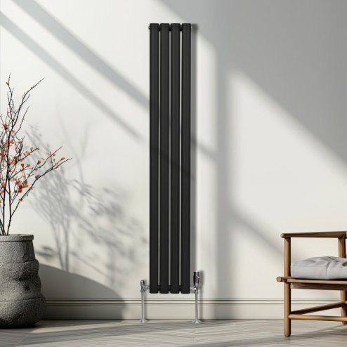 Oval Column Radiator 1600mm x 240mm Modern Designer Double Panel Central Heating Heater Matt Black Carbon Steel Vertical Kitchen Living Room Bathroom FREE Cleaning Brush Fixing Kit & Brackets