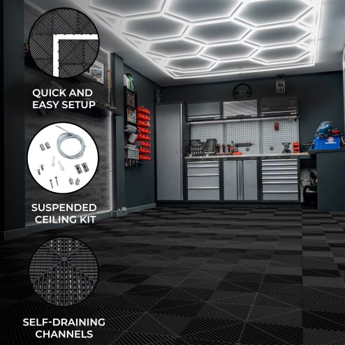 Vented Modular Interlocking Flooring Tiles x 120 Black With Edges & Hexagon LED Lighting 14 White Lights & Border 6500K 3 Mount Options & Suspended Ceiling Kit Single Garage Floor Mat 3.2m x 6m 19.2m2