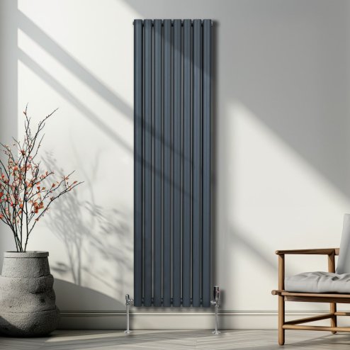 Oval Column Radiator 1800mm x 480mm Modern Designer Double Panel Central Heating Heater Matt Anthracite Grey Carbon Steel Vertical Kitchen Living Room FREE Cleaning Brush Fixing Kit & Brackets