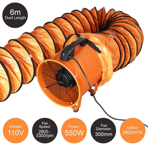 Dust Extractor Ventilation Fan 300mm 110V Portable 6m Duct Hose Workshop Fume Air Blower Industrial PVC Ducting Ventilator