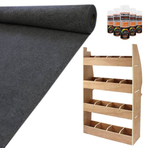 Van Lining Carpet Super Stretch + Glue & Citroen Berlingo Rack Bundle, 11m2 Dark Grey Anthracite, Van Racking, Vans, Motor Homes, Cars, Shelving Unit with 4 Shelves, 12mm Plywood, 4 Tier Racking Unit