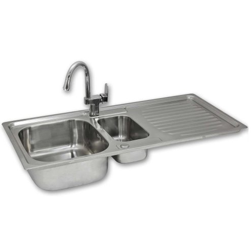 KuKoo Stainless Steel Kitchen Sink Basin & Confetti Tap, Reversible 1.5 Bowl, 105cm x 18cm x 50cm Image