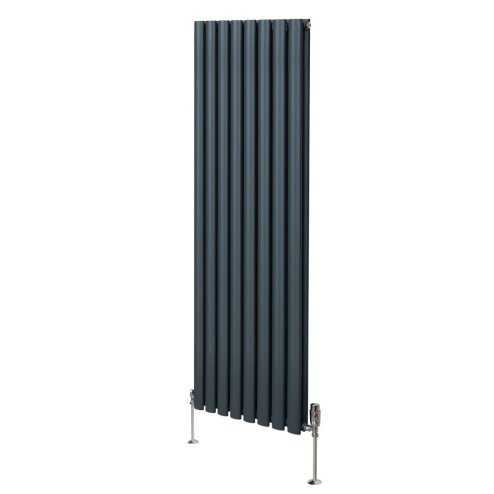 Oval Column Radiator 1600mm x 480mm & TRV Chrome Valves Modern Designer Double Panel Central Heating Heater Anthracite Grey Steel Vertical Kitchen Living Room FREE Cleaning Brush Fixing Kit & Brackets