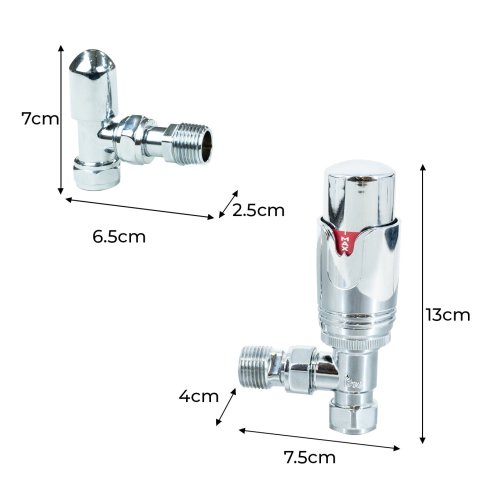 Thermostatic Radiator Valves Brass Polished Chrome Angled TRV Set Lockshield 1/2