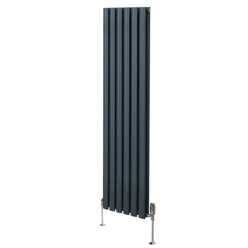 Oval Column Radiator 1600mm x 360mm & TRV Chrome Valves Modern Designer Double Panel Central Heating Heater Anthracite Grey Steel Vertical Kitchen Living Room FREE Cleaning Brush Fixing Kit & Brackets