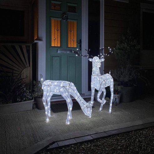 Light Up Reindeer White Stag And Doe Set Christmas Decoration Figure Cool LEDs Ornament Indoor Or Outdoor Use Glitter Large
