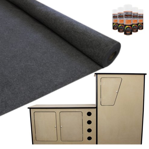 T-Mech 11m2 Van Lining Carpet Super Stretch Kit Anthracite Dark Grey | With Camper Motor Home Kitchen Unit | FREE 5 Heavy Duty Adhesive Glue Spray Cans Image