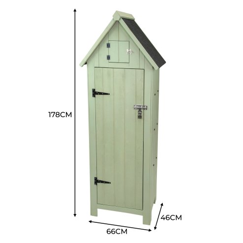 Wooden Garden Storage Shed Green Tool Organiser Cabinet Beach Hut Sentry Box Lockable Doors 3 Corner Shelves 4 Door Hooks Roof Hatch Padlock 4 Keys Ground Fixing Kit Screw Covers Fir Wood Asphalt Roof