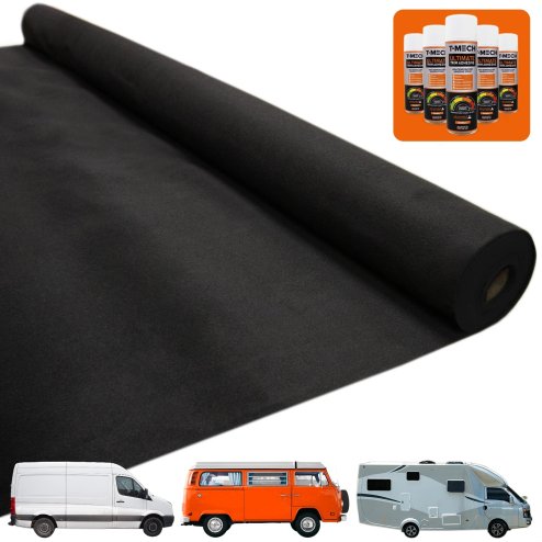 11m2 Van Lining Carpet Super Stretch Kit Camper Motor Homes Black & 5 Heavy Duty Adhesive Glue Spray Cans