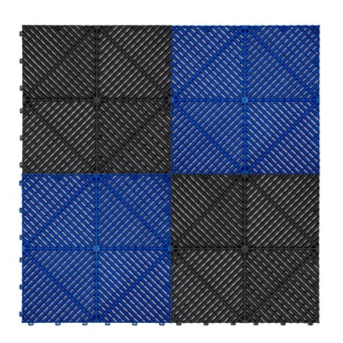 Vented Modular Interlocking Flooring Tiles & Edges 90 Black & 30 Blue Single Garage Heavy Duty Floor Mat Showroom Workshop Outdoor Polypropylene Anti Slip Weather Resistant Drainage 3.2m x 6m 19.2m2