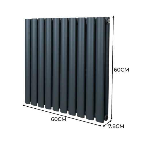 Oval Column Radiator 600mm x 600mm & TRV Chrome Valves Designer Double Panel Central Heating Heater Anthracite Grey Steel Horizontal Kitchen Living Room FREE Cleaning Brush Fixing Kit & Brackets