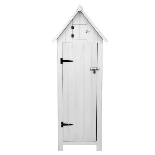 Wooden Garden Storage Shed White Tool Organiser Cabinet Beach Hut Sentry Box Lockable Doors 3 Corner Shelves 4 Door Hooks Roof Hatch Padlock 4 Keys Ground Fixing Kit Screw Covers Fir Wood Asphalt Roof