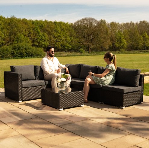 Rattan Garden Corner Furniture Set Outdoor Premium 7 PC Black 5 Seater Modular Sofa Chairs With Cushions Glass Top Coffee Table UV Protected Metal