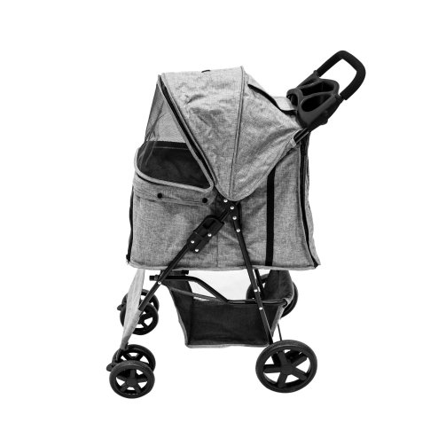Pet Stroller Pushchair Woven Grey Carrier Foldable Trolley Travel Cart 15kg Capacity 4 Wheels Brakes Cat Dog Safety Hook Leash Cushion Canopy Mesh Windows Basket Cup Holders & Waterproof Rain Cover