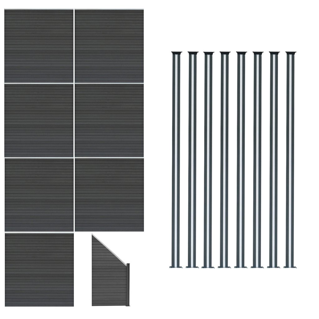 Composite Fence Panels, Angled Piece & LED Posts 6ft x 43ft - Grey - Yavolo