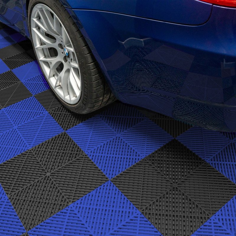 Vented Modular Interlocking Flooring Tiles & Edges 120 Black & 120 Blue Double Garage Heavy Duty Floor Mat Showroom Workshop Outdoor Polypropylene Anti Slip Weather Resistant Drainage 6m x 6m 36m2