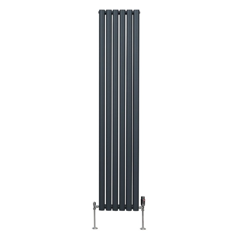 Oval Column Radiator 1800mm x 360mm & TRV Chrome Valves Designer Double Panel Central Heating Heater Anthracite Grey Steel Vertical Kitchen Living Room FREE Cleaning Brush Fixing Kit & Brackets