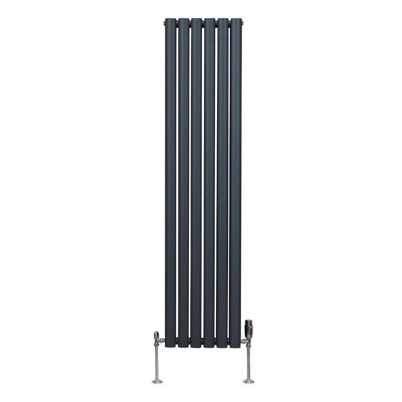 Oval Column Radiator 1600mm x 360mm & TRV Chrome Valves Modern Designer Double Panel Central Heating Heater Anthracite Grey Steel Vertical Kitchen Living Room FREE Cleaning Brush Fixing Kit & Brackets